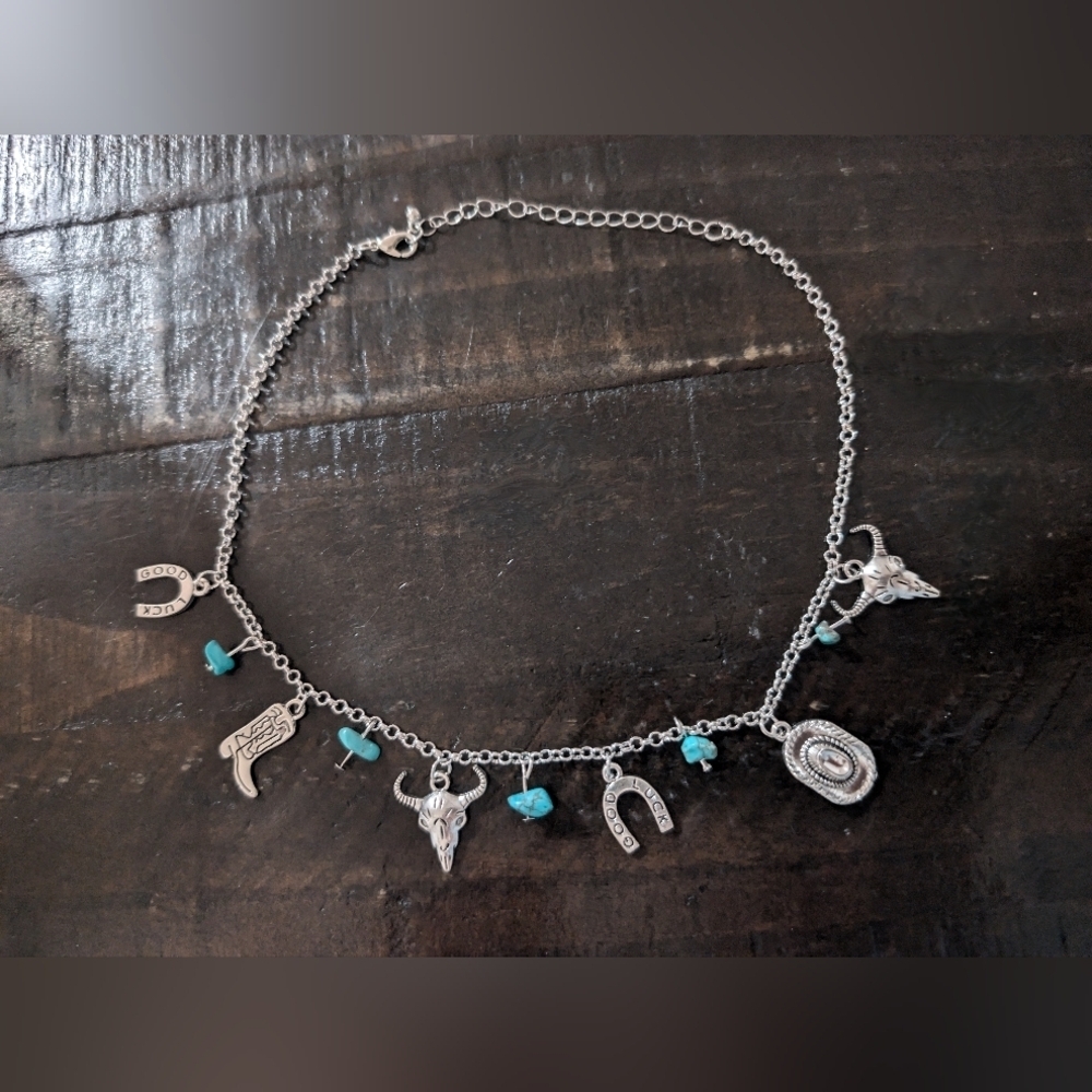 Western Silver Necklace with Turquoise Charms